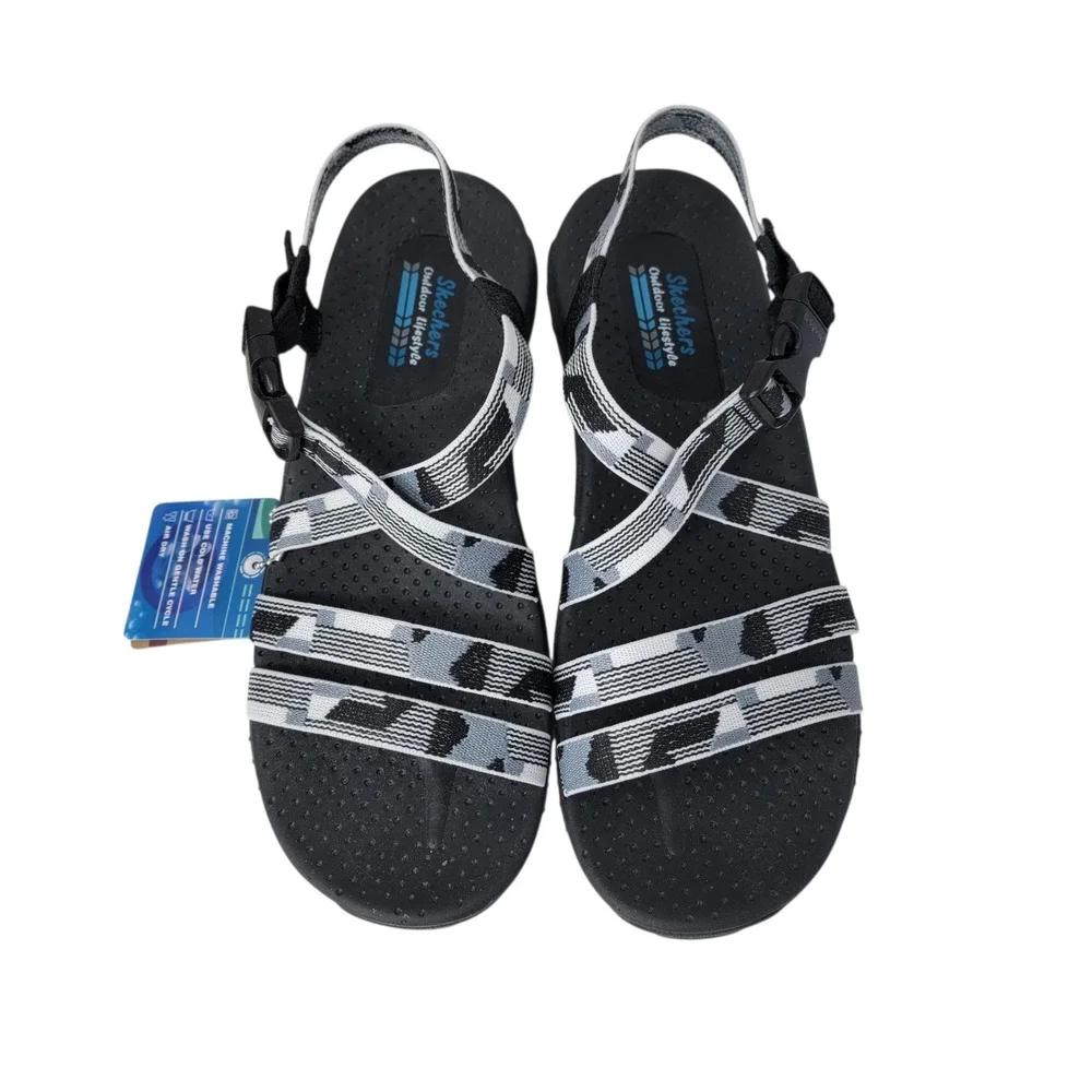Skechers Reggae Color Fuze Sandals Womens‎ 8 Black White Outdoor Strappy New